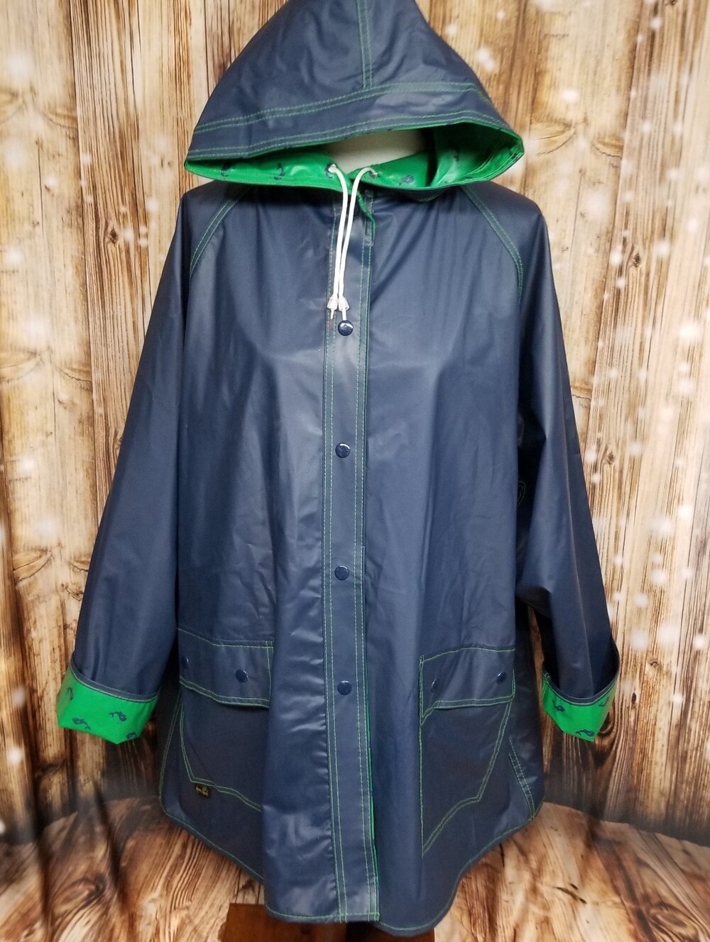 Vintage Aqua Sheen Women's Large Reversible Navy To Green Whale Hooded Rain Coat